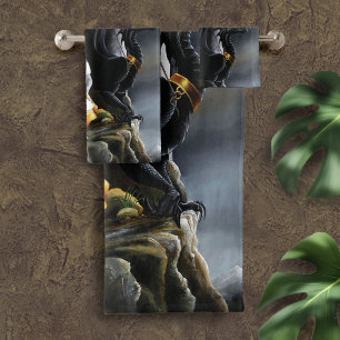 Sorceress Black Dragon Fantasy White Bath Towel Set