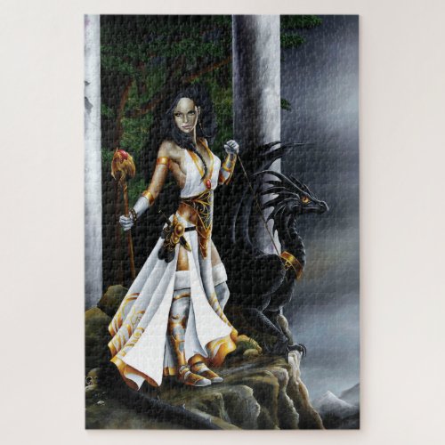  Sorceress Black Dragon fantasy White Jigsaw Puzzle