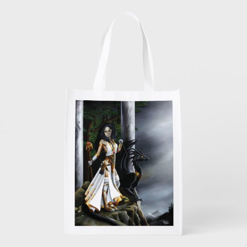 Sorceress Black Dragon Fantasy White Reusable Grocery Bag