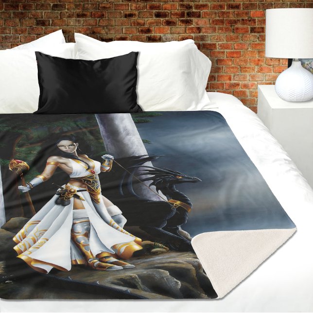 Sorceress black Dragon Fantasy White Sherpa Blanket (Creator Uploaded)