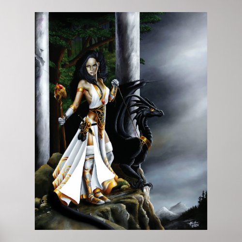 Sorceress Bolack Dragon Fantasy White Poster