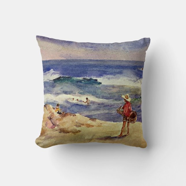 Sorolla - Boy on the Sand Throw Pillow (Front)