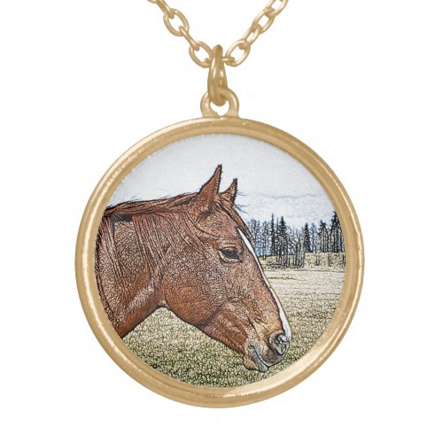 Sorrel Horse Portrait Equine Art Illustration Gold Plated Necklace