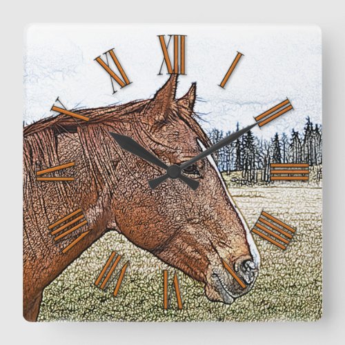 Sorrel Horse Portrait Equine Art Illustration Square Wall Clock