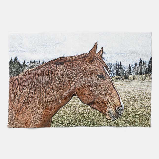 Sorrel Horse Portrait Equine Art Illustration Towel (Horizontal)