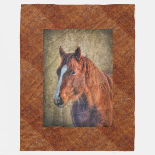 Sorrel Horse Portrait on faux Tooled Leather BG 3 Fleece Blanket