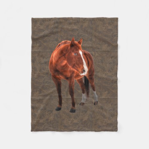Sorrel Horse Portrait on faux Tooled Leather BG Fleece Blanket