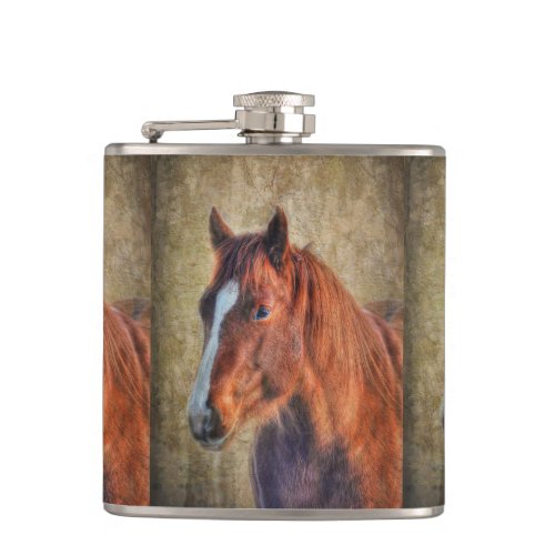 Sorrel Horse Portrait on Rustic Grunge_effect Hip Flask