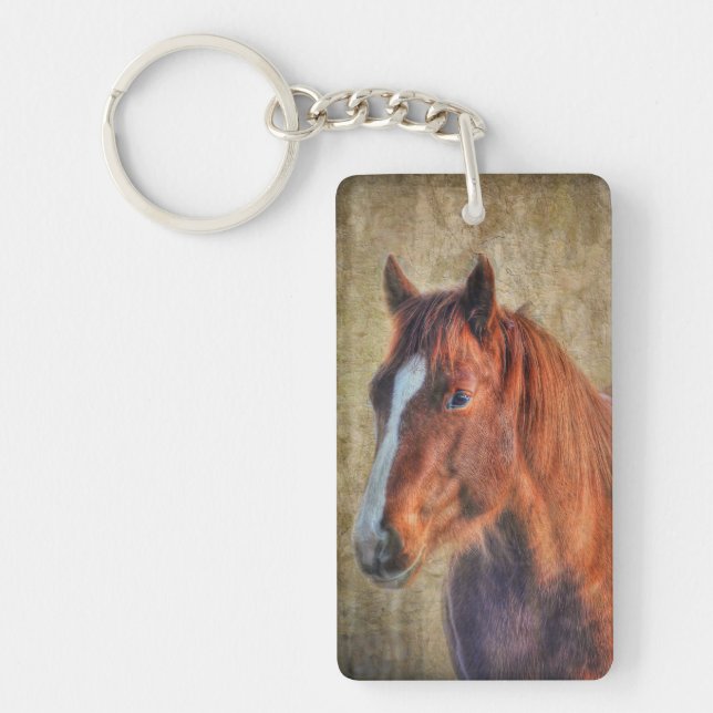 Sorrel Horse Portrait on Rustic Grunge-effect Keychain (Front)
