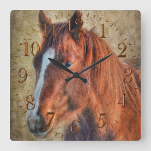 Sorrel Horse Portrait on Rustic Grunge-effect Square Wall Clock