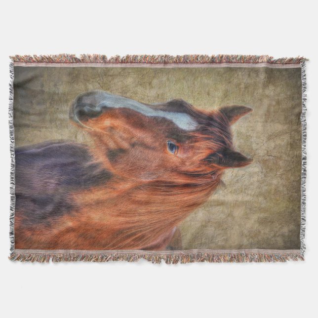Sorrel Horse Portrait on Rustic Grunge-effect Throw Blanket (Front)