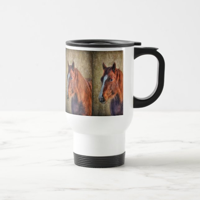 Sorrel Horse Portrait on Rustic Grunge-effect Travel Mug (Right)