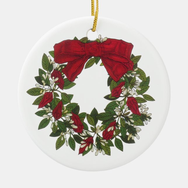 Sorrel /Poinsettia Wreath Ceramic Ornament (Front)
