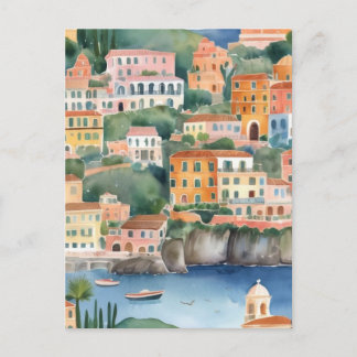 Sorrento Italy, Italian Coast Colorful Watercolor Postcard