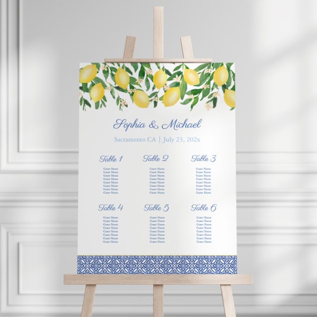 Sorrento Lemons 6 Tables Wedding Seating Chart Foam Board (6 Tables Italian Lemon Themed Wedding Seating Chart featuring blue and white vintage tile print)