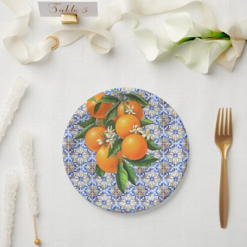 Sorrento Round Oranges Tile Wedding Paper Plate
