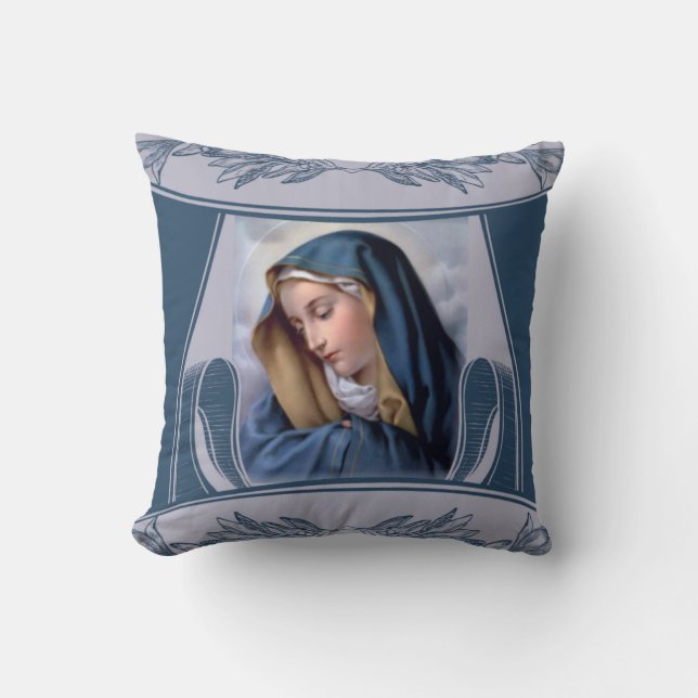 Sorrowful Mother Virgin Mary Blue Throw Pillow (Front)