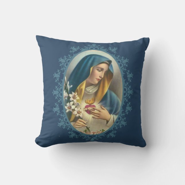 Sorrowful Mother Virgin Mary Heart Lily Roses Throw Pillow (Front)