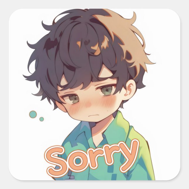 Sorry Cute Sad Boy Anime Square Sticker (Front)