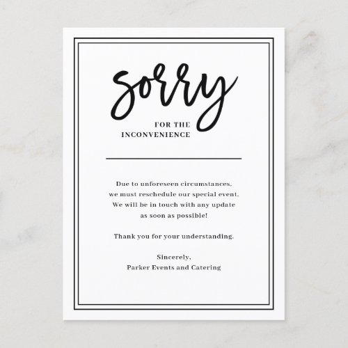 Sorry for Inconvenience  Cancellation or Postpone Announcement Postcard