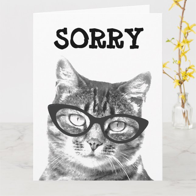 Sorry greeting card with cat in glasses image (Yellow Flower)