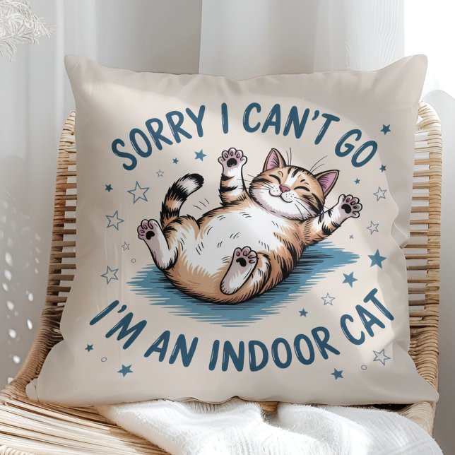 "Sorry I Can't Go, I'm an Indoor Cat" Funny Throw Pillow ("Sorry I Can't Go, I'm an Indoor Cat" Funny Throw Pillow in a sunny boho neutral rattan chair)