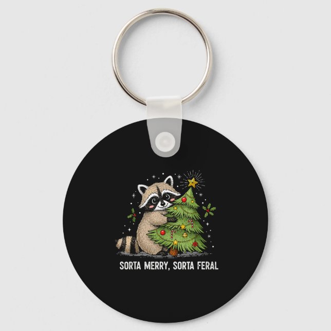 Sorta Merry Sorta Feral Christmas Raccoon Trash Pa Keychain (Front)