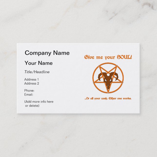 Soul Cash Pentacle Satanic Dark Humor Goat Business Card (Front)