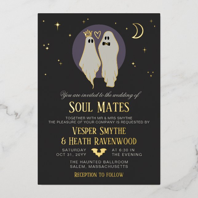 Soul Mates Halloween Haunted Ghost Wedding Foil Invitation (Front)