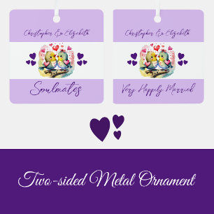Soulmates cute birds happily married purple metal ornament