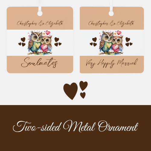 Soulmates cute owls happily married brown metal ornament