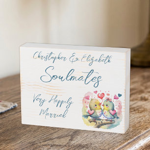 Soulmates happily married cute birds blue wooden box sign
