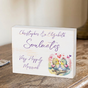 Soulmates happily married cute birds purple wooden box sign