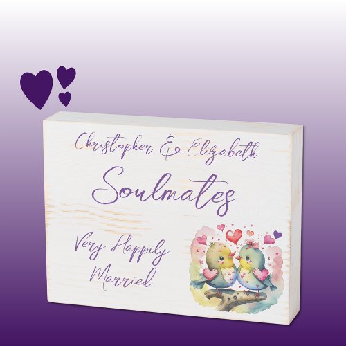 Soulmates happily married cute birds purple wooden box sign