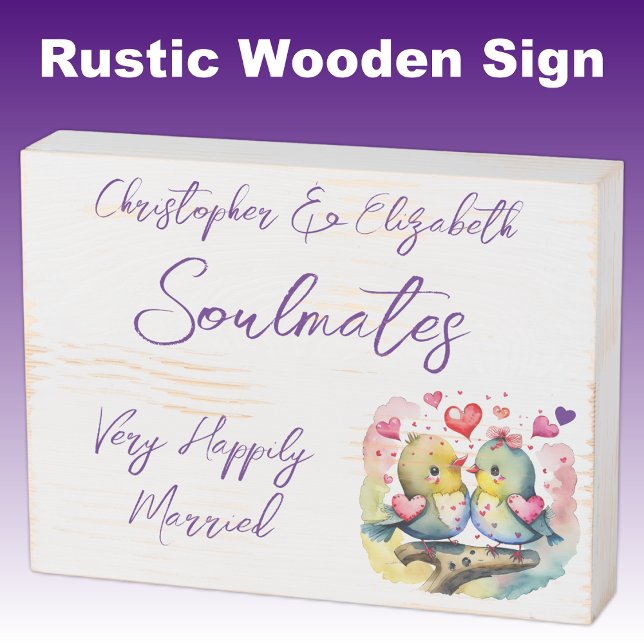 Soulmates happily married cute birds purple wooden box sign (Creator Uploaded)
