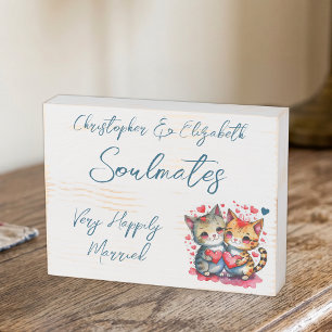 Soulmates happily married cute cats blue wooden box sign