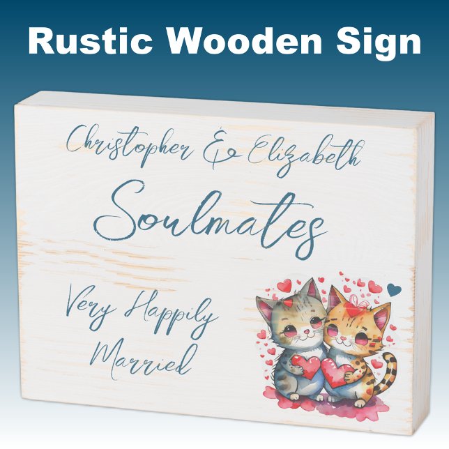 Soulmates happily married cute cats blue wooden box sign (Creator Uploaded)