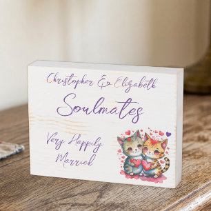 Soulmates happily married cute cats purple wooden box sign