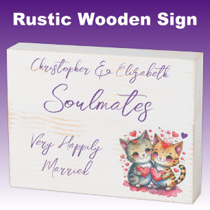 Soulmates happily married cute cats purple wooden box sign