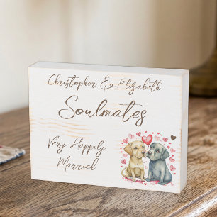 Soulmates happily married cute dogs brown wooden box sign