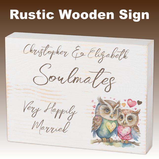 Soulmates happily married cute owls brown wooden box sign (Creator Uploaded)