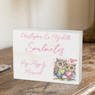 Soulmates happily married cute owls pink wooden box sign