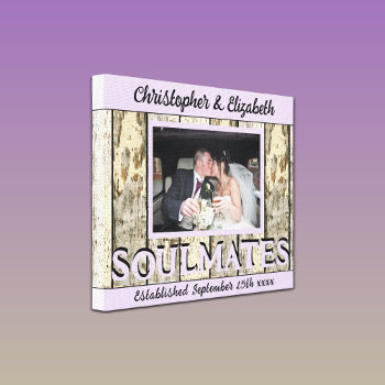 Soulmates Photo Names Rustic Faux Wood Purple Canvas Print by LynnroseDesigns at Zazzle