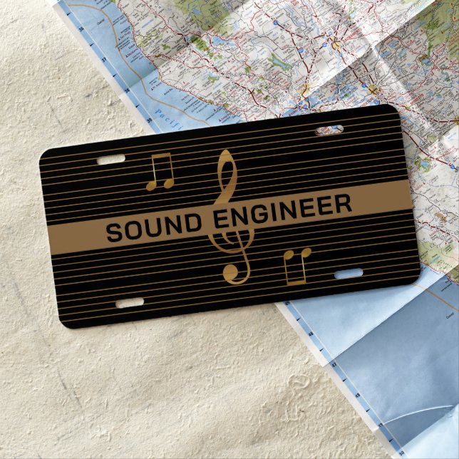 SOUND ENGINEER Faux Gold Notes and Clef on BLACK License Plate (In Situ)