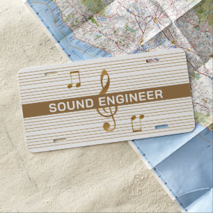SOUND ENGINEER Faux Gold Notes and Clef on WHITE License Plate