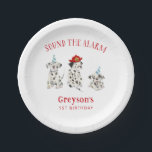Sound the Alarm Boy Birthday Party  Paper Plates<br><div class="desc">Cute firefighter theme birthday party paper plate featuring watercolor illustration of Dalmatian puppies with a fireman helmet and blue party hats.</div>