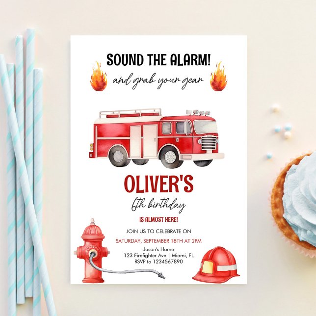 Sound The Alarm Boys Firetruck Birthday Invitation (Creator Uploaded)