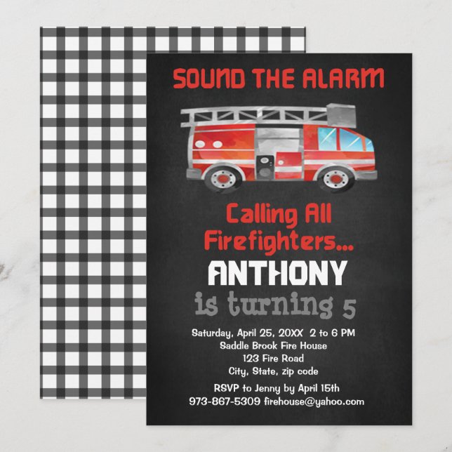 Sound The Alarm! Calling All Firefighter Birthday Invitation (Front/Back)