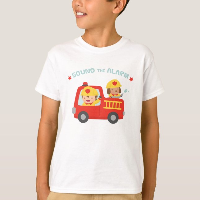 Sound the Alarm Fire fighter Boy in Red Fire Truck T-Shirt (Front)