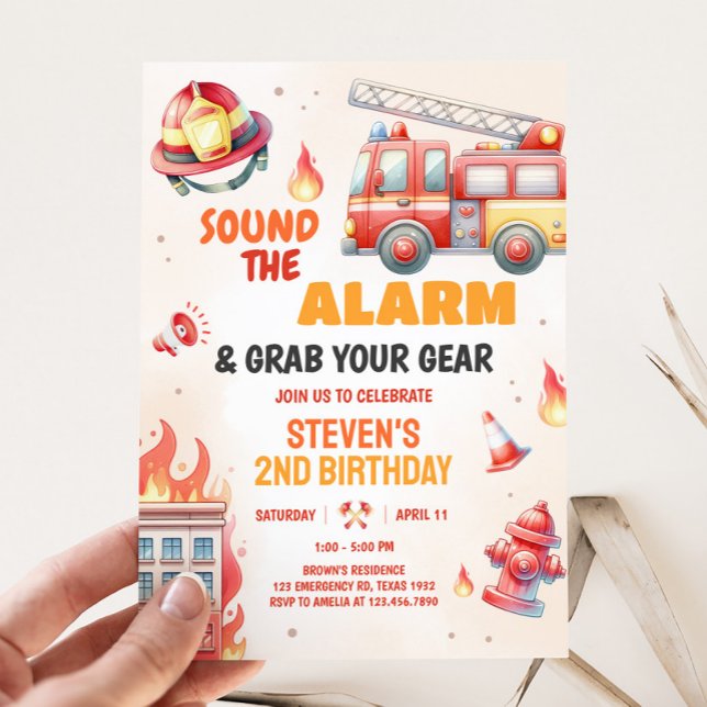 Sound the Alarm Fire Truck Birthday Invitation (Fire Truck Birthday Party Invitation)